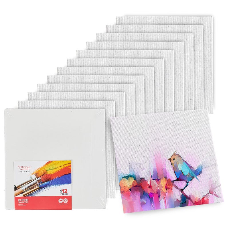 Artlicious Canvases for Painting - Pack of 12, 10 x 10 Inch Blank White Canvas Boards - 100% Cotton Art Panels for Oil, Acrylic & Watercolor Paint - Image 1